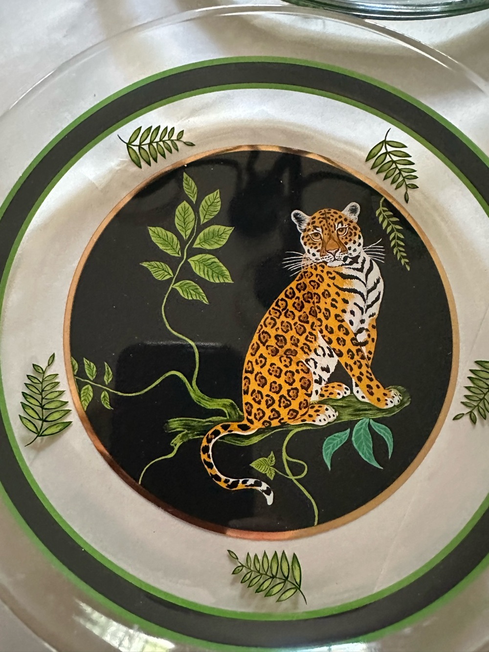Set of 10 Lynn Chase Decorative Leopard Glass salad Plates- Green Accent